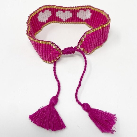 Hot Pink Seed Bead Adjustable Cinch Hearts Bracelet - Picture 3 of 7